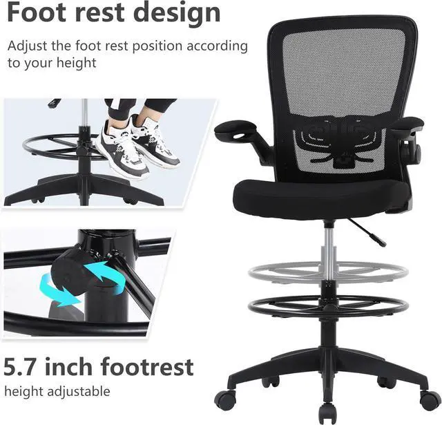Alt view image 6 of 7 - BestOffice Drafting Chair Tall Office Chair Adjustable Height with Lumbar Support Flip Up Arms Footrest Mid Back Task Mesh Desk Chair Computer Chair Drafting Stool for Standing Desk (B-Black)
