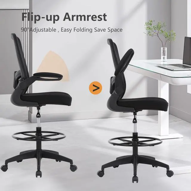 Alt view image 7 of 7 - BestOffice Drafting Chair Tall Office Chair Adjustable Height with Lumbar Support Flip Up Arms Footrest Mid Back Task Mesh Desk Chair Computer Chair Drafting Stool for Standing Desk (B-Black)