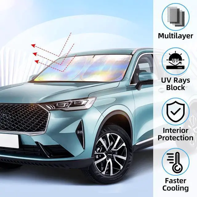 Alt view image 3 of 7 - [2025 Upgraded] Aokway Laser Reflective Windshield Sunshade | Thickened UV-Blocking Sun Shade for Cars, SUVs, Trucks | Heat Reflective Cooling Protection | Foldable with Storage Bag (L: 57.1x31.5 in)