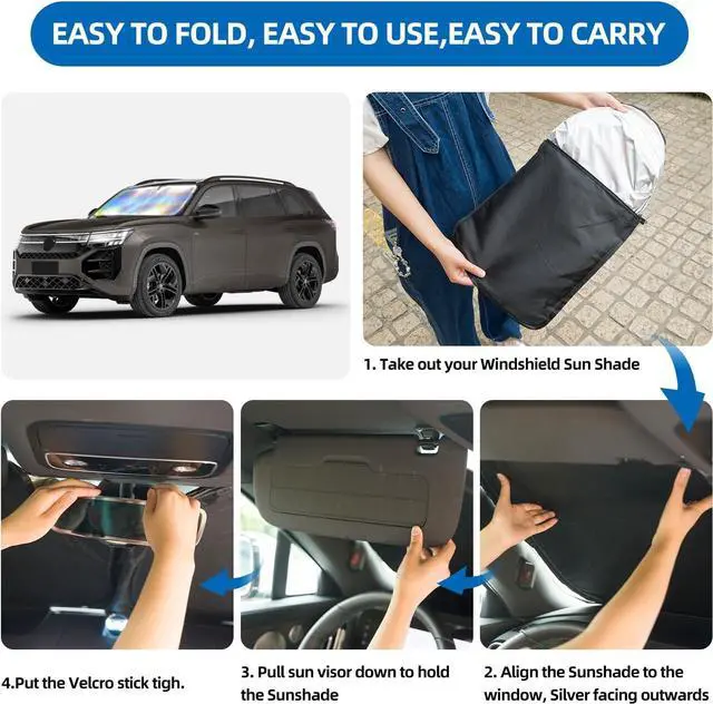 Alt view image 4 of 7 - [2025 Upgraded] Aokway Laser Reflective Windshield Sunshade | Thickened UV-Blocking Sun Shade for Cars, SUVs, Trucks | Heat Reflective Cooling Protection | Foldable with Storage Bag (L: 57.1x31.5 in)