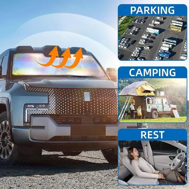 Alt view image 6 of 7 - [2025 Upgraded] Aokway Laser Reflective Windshield Sunshade | Thickened UV-Blocking Sun Shade for Cars, SUVs, Trucks | Heat Reflective Cooling Protection | Foldable with Storage Bag (L: 57.1x31.5 in)