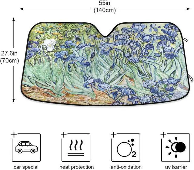 Alt view image 5 of 6 - Car Windshield Sunshade Irises Vincent Van Gogh Pattern, Blocks Sun Visor Protector Foldable Sun Shield Keep Your Vehicle Cool, Fits Windshields of Most Sizes