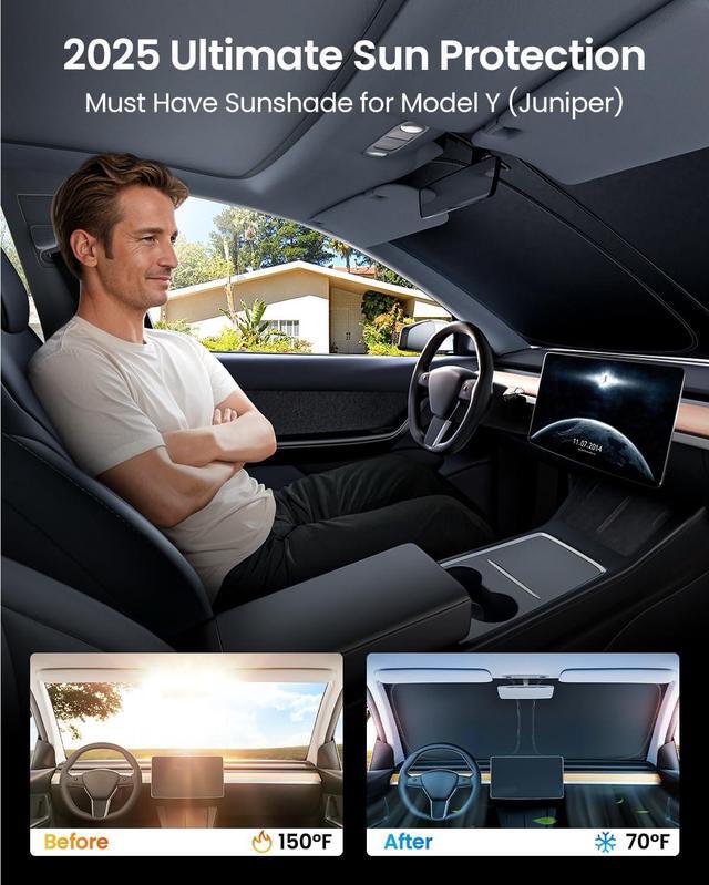 Alt view image 2 of 6 - REEVAA 2025 Upgraded Tesla New Model Y (Juniper) Sunshade Windshield [Tailored Fit, 99% Sun Protection] Foldable Sun Shade Accessories with Storage Bag for Model Y 2016-2026, Silver Coating