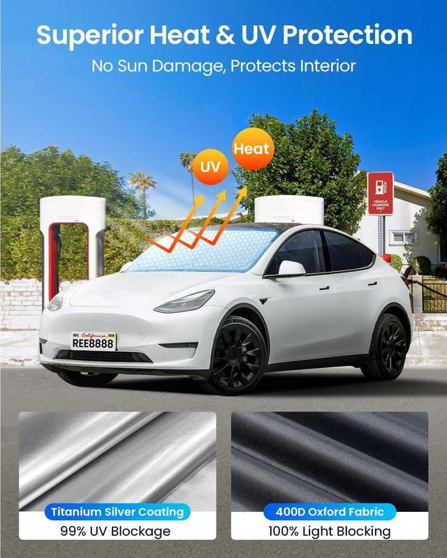 Alt view image 3 of 6 - REEVAA 2025 Upgraded Tesla New Model Y (Juniper) Sunshade Windshield [Tailored Fit, 99% Sun Protection] Foldable Sun Shade Accessories with Storage Bag for Model Y 2016-2026, Silver Coating