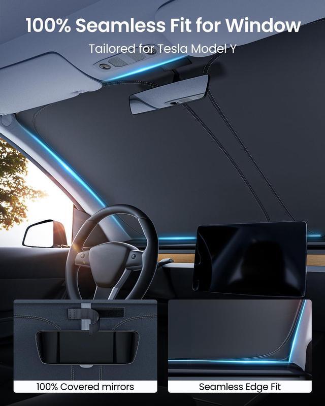 Alt view image 5 of 6 - REEVAA 2025 Upgraded Tesla New Model Y (Juniper) Sunshade Windshield [Tailored Fit, 99% Sun Protection] Foldable Sun Shade Accessories with Storage Bag for Model Y 2016-2026, Silver Coating