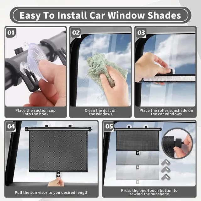 Alt view image 5 of 7 - Sfee Car Window Shade for Side Windows, 2 Pack Sun Shade Retractable for Car Blocks Heat and UV Rays Glare Protection Roller Sunshade Visor for Baby, Kids, Pets, Passengers
