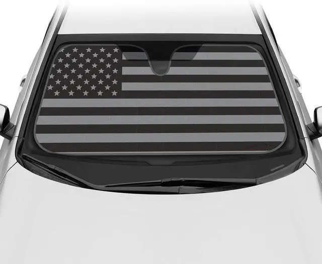Main image of BDK USA 4th of July American Flag Black Curved Accordion Sun Visor for Car Windshield Cover - Truck Window Shades Car Flag & Sun Visor for Truck Windshield Sunshade - 58 x 27 inches