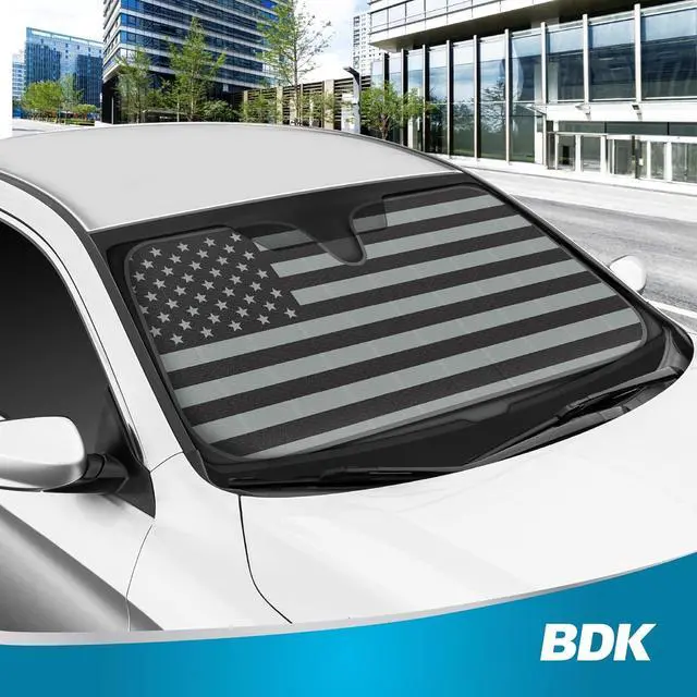 Alt view image 2 of 7 - BDK USA 4th of July American Flag Black Curved Accordion Sun Visor for Car Windshield Cover - Truck Window Shades Car Flag & Sun Visor for Truck Windshield Sunshade - 58 x 27 inches