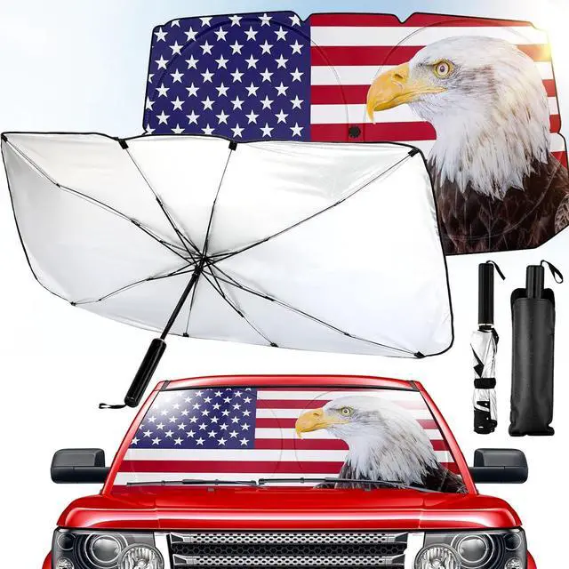 Main image of Riakrum Patriotic Eagle American Flag Car Windshield Sun Shade Umbrella Foldable UV Ray Windshield Sun Shade Car Front Window Sunshade Keep Vehicle Cool Heat Reflector, Fit Various Size
