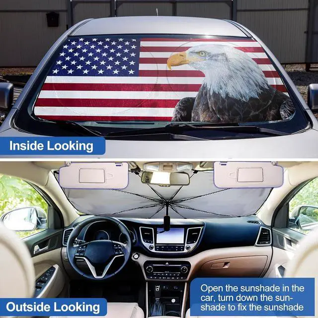 Alt view image 3 of 7 - Riakrum Patriotic Eagle American Flag Car Windshield Sun Shade Umbrella Foldable UV Ray Windshield Sun Shade Car Front Window Sunshade Keep Vehicle Cool Heat Reflector, Fit Various Size
