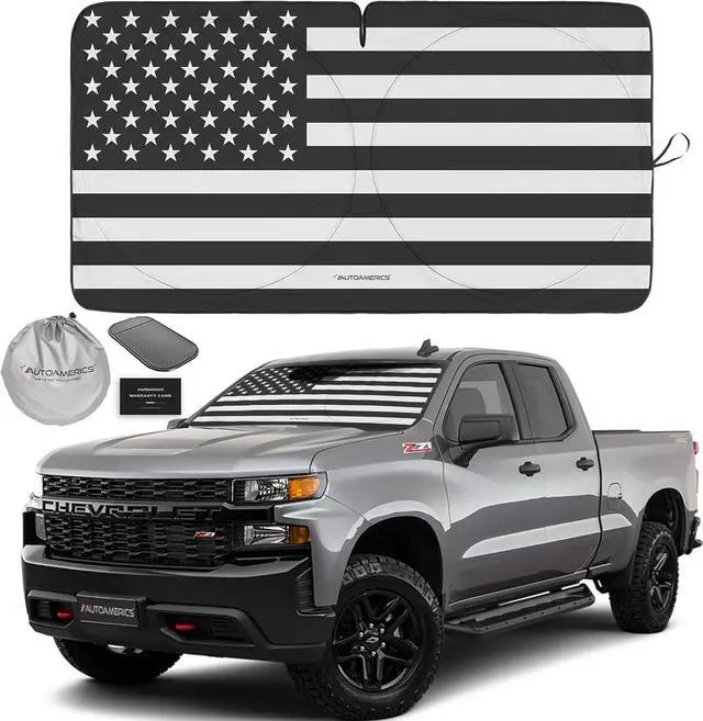 Main image of Autoamerics 1-Piece Windshield Sun Shade B&W American Flag USA Patriotic Design - Foldable Car Fits Easily to SUV & Truck Vehicles UV Ray Blocker Keeps Your Vehicle Cool Large