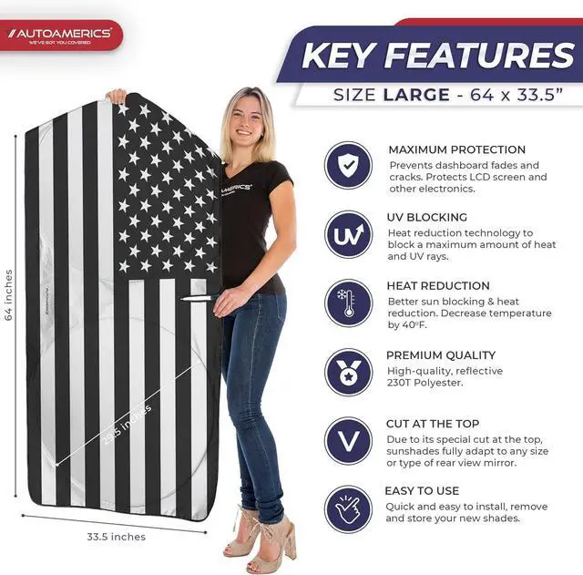 Alt view image 2 of 7 - Autoamerics 1-Piece Windshield Sun Shade B&W American Flag USA Patriotic Design - Foldable Car Fits Easily to SUV & Truck Vehicles UV Ray Blocker Keeps Your Vehicle Cool Large