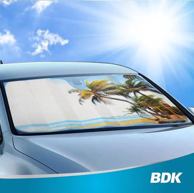 Alt view image 7 of 7 - BDK Palm Tree Tropical Island Front Windshield Sun Shade Accordion Folding Cute Car Window Shades for Truck & Car Sunshade Shield for Sun UV Rays - Visor Protector Keeps Vehicle Cool - 58 x 27 inches