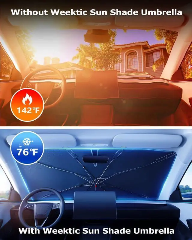 Alt view image 2 of 7 - [2025 Upgrade] Weektic Windshield Sun Shade Umbrella [Urethane Coated Heat Shield] Ultimate Cooling Car Sun Shade Protect Interior from Sun Rays & Keep Cool, Small(53" L x 30" W)