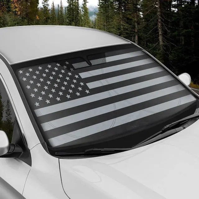 Alt view image 5 of 7 - BDK USA Black American Flag Accordion Sun Visor for Car Windshield - Patriotic Truck Windshield Sunshade Visor - 4th of July Sun Shade & Memorial Weekend Patriotism  64 x 32 inches