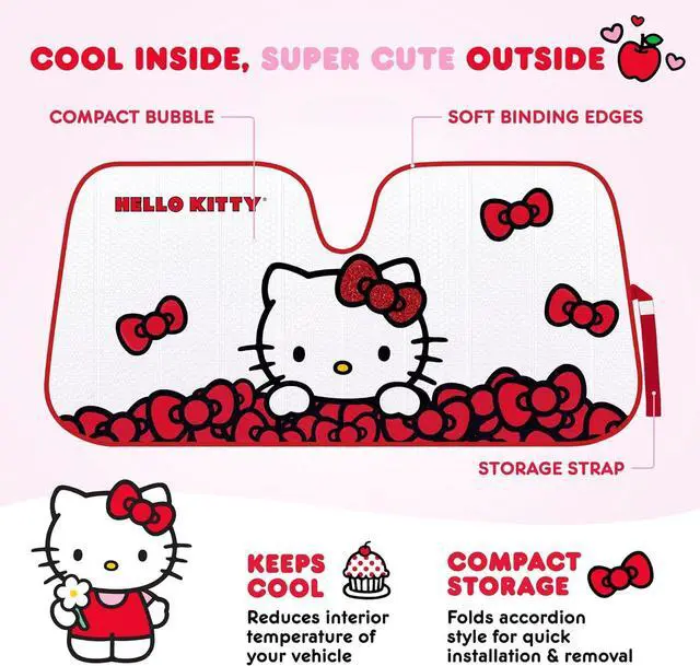 Alt view image 3 of 7 - Hello Kitty Car Windshield Sun Shade, Official Sanrio Sun Shade for Car Window, Cute Car Sun Shade for Windshield, Hello Kitty Car Accessories for Women (Red Bow Dreams)