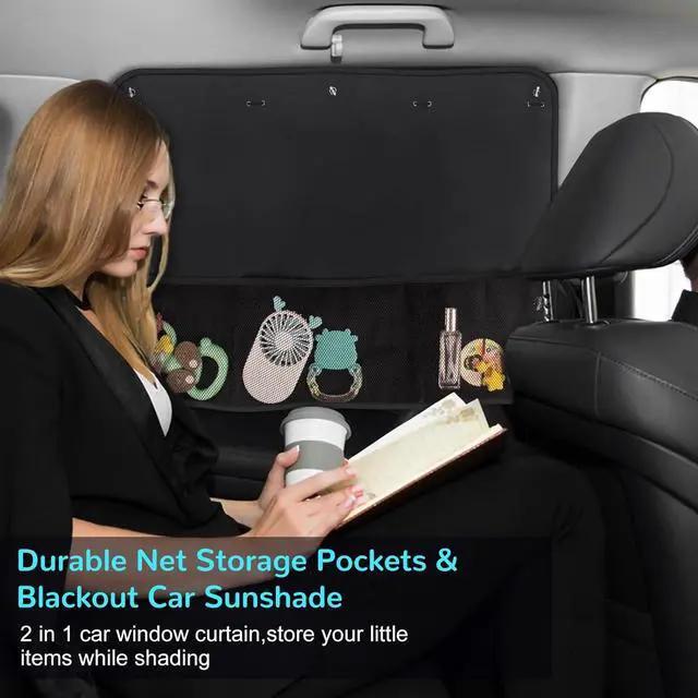 Alt view image 2 of 7 - Car Sun Shade Side Window, 2 Pcs Blackout Car Window Shade for Baby Privacy with Storage Net Pockets Car Curtains 7 Suction Cups for Heat/UV Protection Sun Block Covers
