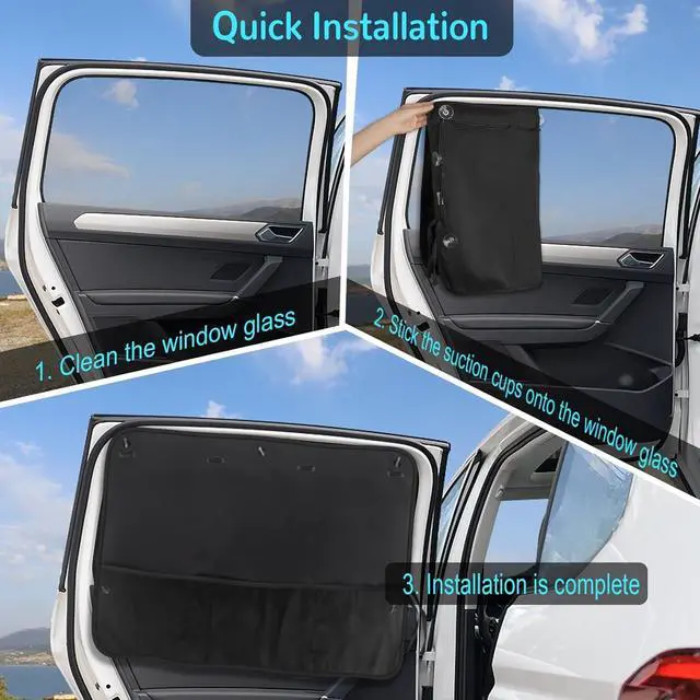 Alt view image 5 of 7 - Car Sun Shade Side Window, 2 Pcs Blackout Car Window Shade for Baby Privacy with Storage Net Pockets Car Curtains 7 Suction Cups for Heat/UV Protection Sun Block Covers