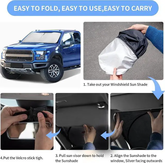 Alt view image 6 of 6 - for Ford F150 F-150 F250 F350 F450 2015-2020 Sunshade Sun Shade Windshield Cover - 4 Layers Front Window Shade 240T Retractable Custom Sun Visor Blocks UV Rays Truck Accessories
