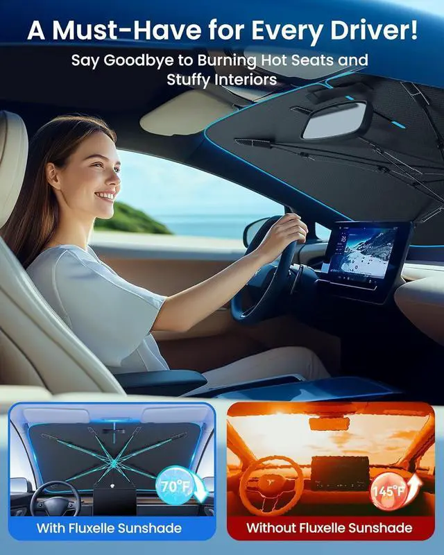 Alt view image 2 of 7 - Car Windshield Sun Shade [2025 Upgrade] - Blocks 99.9% UV Rays | 99% Vehicles Compatibility Retractable Sun Shade for Car Windshield Shades for Front Windows Sunshade Medium (57" L x 32" W)