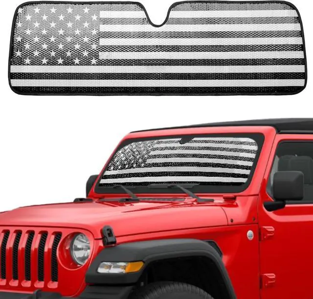 Main image of Windshield Sun Shade Compatible with Jeep Wrangler JK JKU JL JLU 1997-2023 & Jeep Gladiator JT 2020-2023 16.5"x52.5" Folding Front Window Sun Shade for Car Accessories (American Flag)