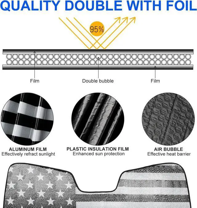 Alt view image 3 of 7 - Windshield Sun Shade Compatible with Jeep Wrangler JK JKU JL JLU 1997-2023 & Jeep Gladiator JT 2020-2023 16.5"x52.5" Folding Front Window Sun Shade for Car Accessories (American Flag)