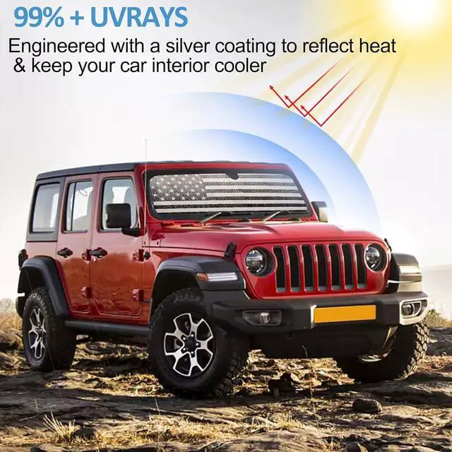 Alt view image 7 of 7 - Windshield Sun Shade Compatible with Jeep Wrangler JK JKU JL JLU 1997-2023 & Jeep Gladiator JT 2020-2023 16.5"x52.5" Folding Front Window Sun Shade for Car Accessories (American Flag)