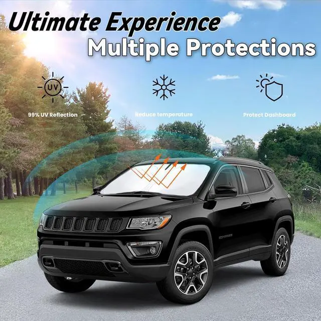 Alt view image 3 of 7 - Windshield Sun Shade for Jeep Compass 2017-2023, Car Front Window Sunshade with 240T Sun Visor Protector Blocks UV Rays Heat Sun Shield Accessories