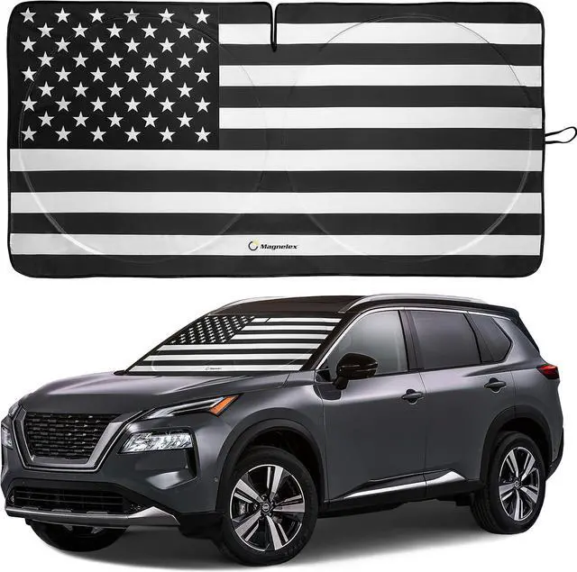 Main image of American Flag Windshield Sun Shade, High-Resolution Car Sun Shield with Mirror Cut-Out for Automotive Interior Sun and Heat Protection, Folding Sunshade with Storage Bag - Medium, Black & White