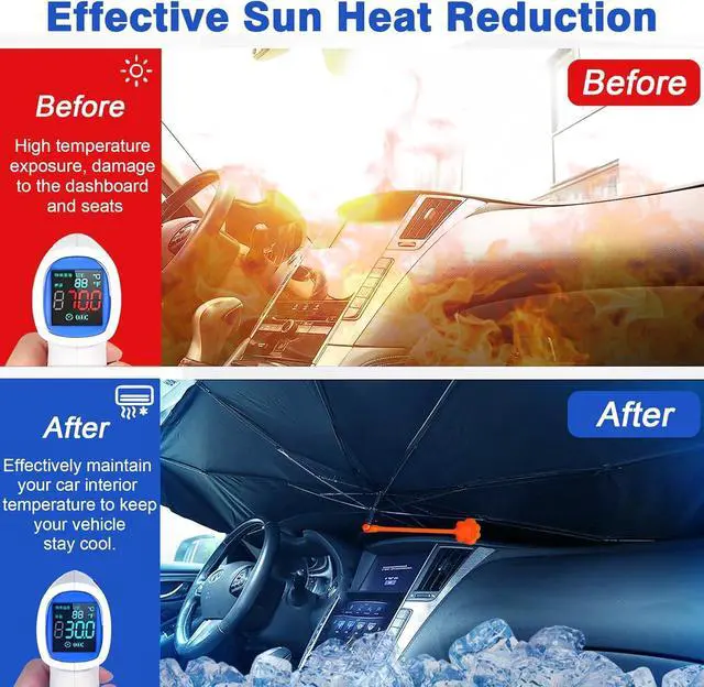 Alt view image 3 of 7 - Car Windshield Sun Shade Umbrella, Black Eyes Windshield Sunshades with 360° Rotation Bendable Handle, Foldable Automotive Windshield Shades, Full Cover Sun Shade for Most Vehicles