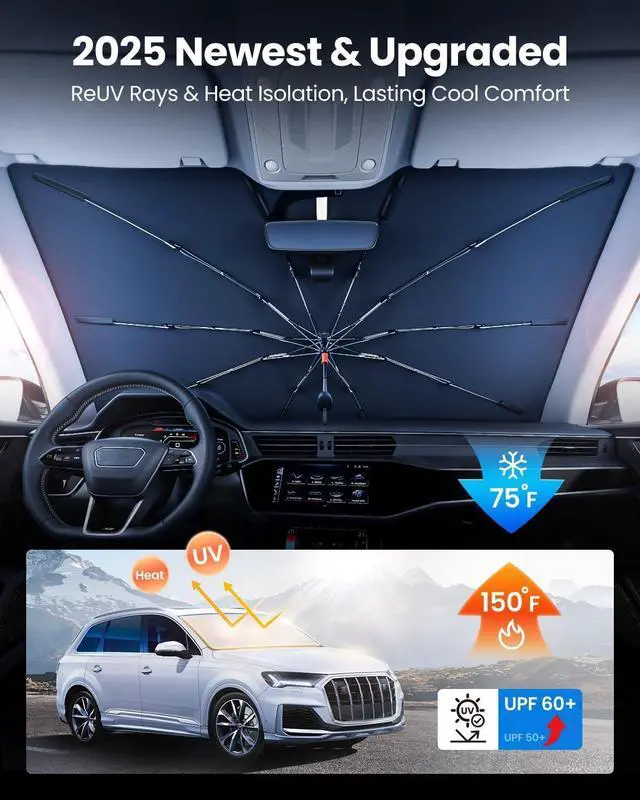 Alt view image 2 of 6 - REEVAA 2025 Car Windshield Sun Shade Umbrella [100% Sun Protection & Keep Cool] Protect Interior, 360° Flex Handle Sun Shield Sunshade, Medium (57" x 32") for Most Car
