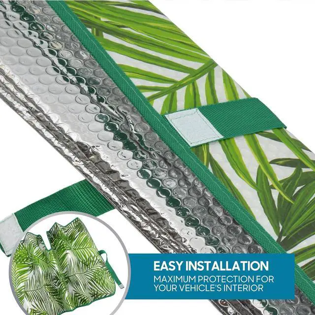 Alt view image 5 of 7 - BDK Tropical Leaves Auto Windshield Sun Shade for Car SUV Truck - Balmy Fern - Double Bubble Foil Jumbo Folding Accordion - AS-768