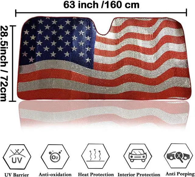 Alt view image 4 of 6 - Big Hippo Sun Shade, Windshield Sun Shade American Flag Sunshades Keep Vehicle Cool Protect Your Car from Sun Heat & Glare Best UV Ray Visor Protector(Size: 63"X 28.5")