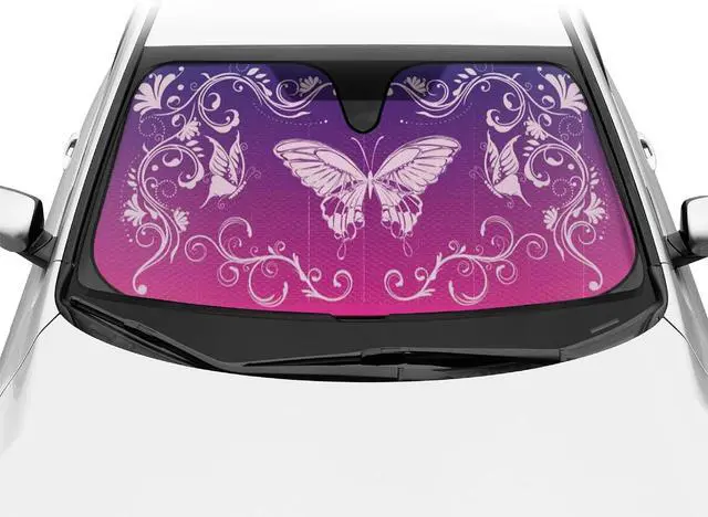 Main image of BDK Pink Butterfly Front Windshield Sunshade Accordion Folding Style Auto Shade for Cars Trucks SUVs Vans Blocks UV Rays Sun Visor Protector Easy Setup Keeps Your Vehicle Cool 58" x 27"