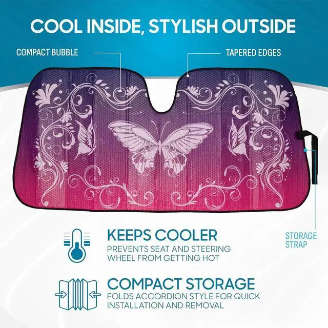 Alt view image 2 of 7 - BDK Pink Butterfly Front Windshield Sunshade Accordion Folding Style Auto Shade for Cars Trucks SUVs Vans Blocks UV Rays Sun Visor Protector Easy Setup Keeps Your Vehicle Cool 58" x 27"