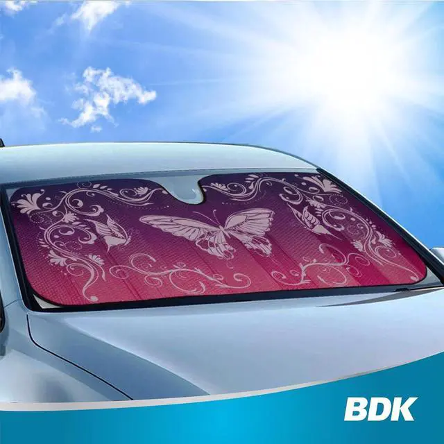 Alt view image 7 of 7 - BDK Pink Butterfly Front Windshield Sunshade Accordion Folding Style Auto Shade for Cars Trucks SUVs Vans Blocks UV Rays Sun Visor Protector Easy Setup Keeps Your Vehicle Cool 58" x 27"