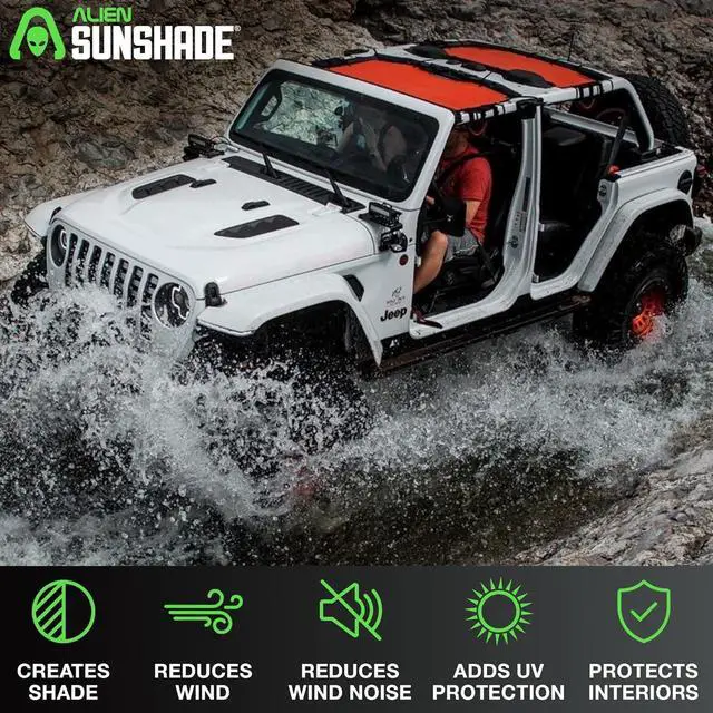 Alt view image 2 of 6 - Alien Sunshade Jeep Wrangler JLU (2018-2023)  Front & Rear Mesh Sun Shade for Jeep JL Unlimited - Blocks UV, Wind, Noise - Bikini JLkini Top Cover for Sport, Sport S, Sahara, Rubicon (Black)