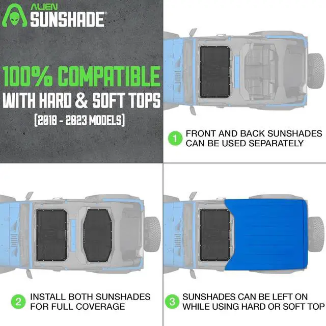 Alt view image 4 of 6 - Alien Sunshade Jeep Wrangler JLU (2018-2023)  Front & Rear Mesh Sun Shade for Jeep JL Unlimited - Blocks UV, Wind, Noise - Bikini JLkini Top Cover for Sport, Sport S, Sahara, Rubicon (Black)