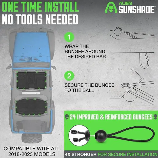 Alt view image 6 of 6 - Alien Sunshade Jeep Wrangler JLU (2018-2023)  Front & Rear Mesh Sun Shade for Jeep JL Unlimited - Blocks UV, Wind, Noise - Bikini JLkini Top Cover for Sport, Sport S, Sahara, Rubicon (Black)