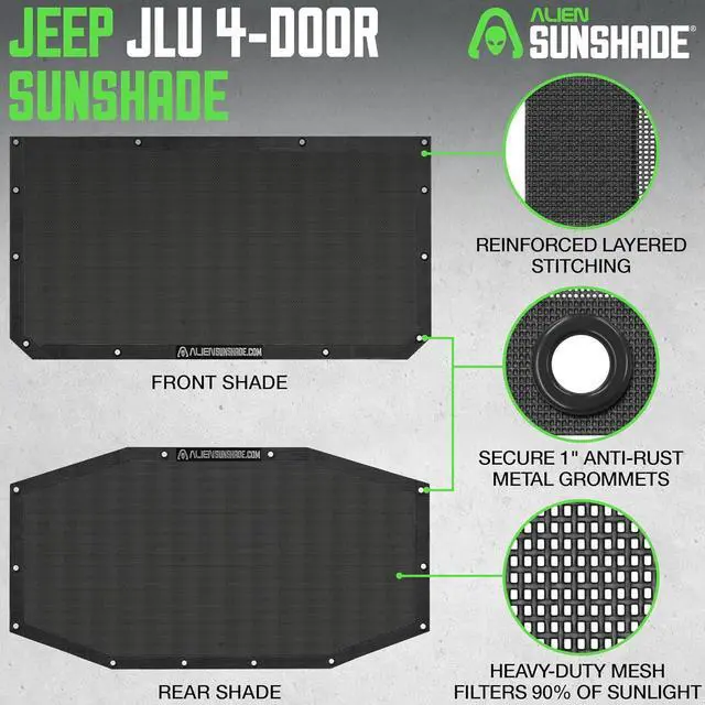 Alt view image 5 of 6 - Alien Sunshade Jeep Wrangler JLU (2018-2023)  Front & Rear Mesh Sun Shade for Jeep JL Unlimited - Blocks UV, Wind, Noise - Bikini JLkini Top Cover for Sport, Sport S, Sahara, Rubicon (Black)