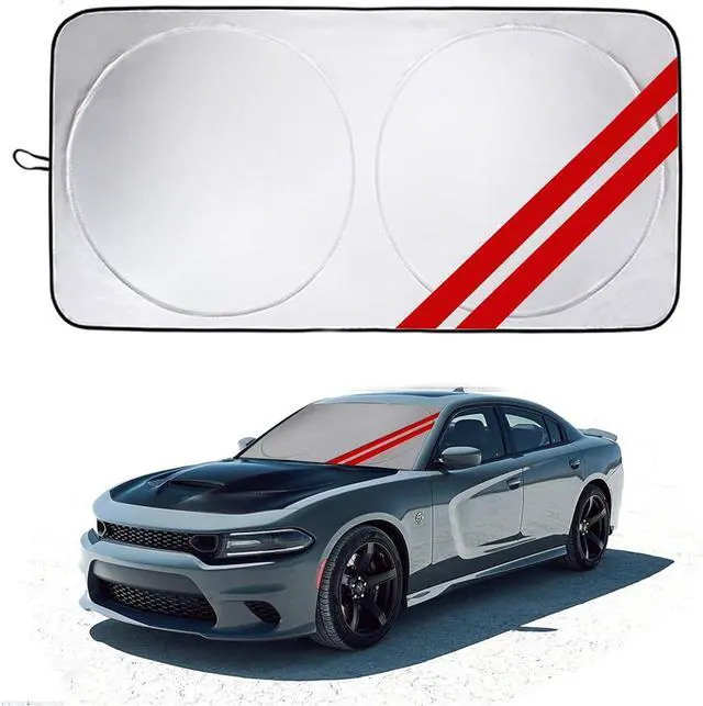 Main image of Front Windshield Sun Shade Fit for Dodge Charger Challenger Durango Journey Universal Fit to All Dodge Cars Foldable Sun Visor Protector Custom Fit Dodge Window Sunhade (Red Trim)
