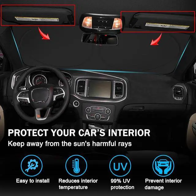 Alt view image 3 of 7 - Front Windshield Sun Shade Fit for Dodge Charger Challenger Durango Journey Universal Fit to All Dodge Cars Foldable Sun Visor Protector Custom Fit Dodge Window Sunhade (Red Trim)