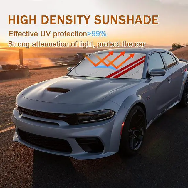 Alt view image 2 of 7 - Front Windshield Sun Shade Fit for Dodge Charger Challenger Durango Journey Universal Fit to All Dodge Cars Foldable Sun Visor Protector Custom Fit Dodge Window Sunhade (Red Trim)