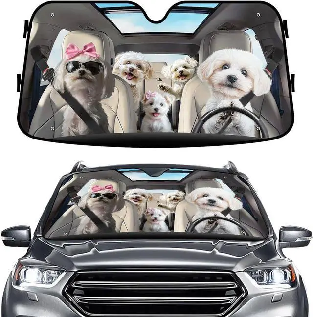 Main image of Cute Maltese Dog Family Funny Windshield Sun Shade for Car SUV Truck (55x30 Inches), Sun Shade Windshield, Shades for Front Windows, Sunshade for Car Windshield, Protector Blocks UV