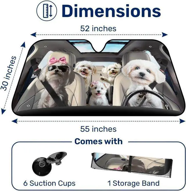 Alt view image 2 of 7 - Cute Maltese Dog Family Funny Windshield Sun Shade for Car SUV Truck (55x30 Inches), Sun Shade Windshield, Shades for Front Windows, Sunshade for Car Windshield, Protector Blocks UV