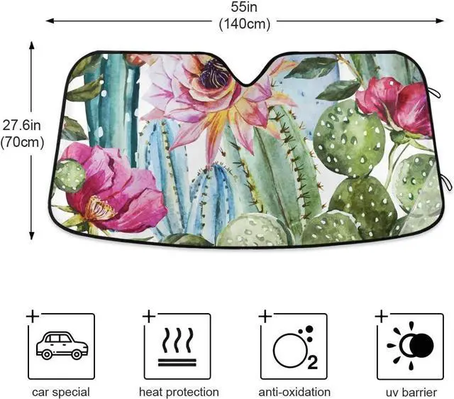 Alt view image 4 of 7 - Cactus Floral Car Windshield Sun Shade Block UV Rays Sun Visor Protector Accordion Folding Sunshade Keep Vehicle Cool and Damage Free, Easy to Use, Fits Windshields of Various Sizes