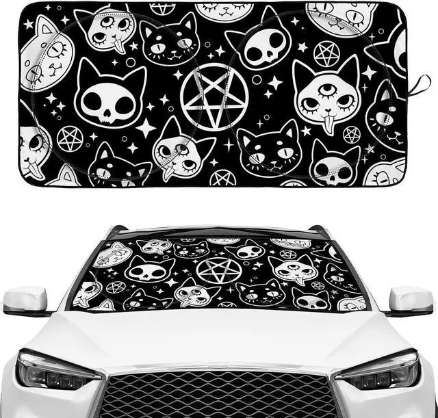 Main image of Black Skull Cat Pentagram Gothic Windshield Sunshade for Car SUV Truck Foldable Uv Ray Reflector Front Window Sun Shade Visor Shield Cover
