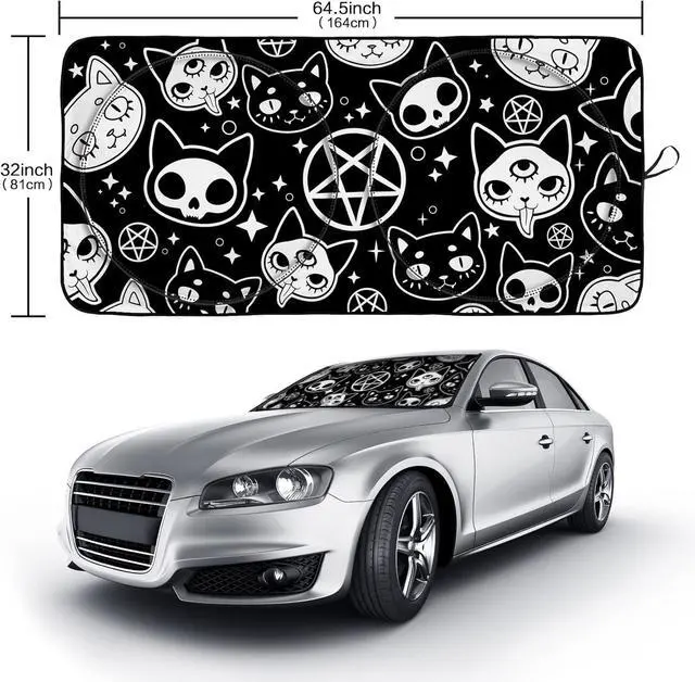 Alt view image 2 of 6 - Black Skull Cat Pentagram Gothic Windshield Sunshade for Car SUV Truck Foldable Uv Ray Reflector Front Window Sun Shade Visor Shield Cover