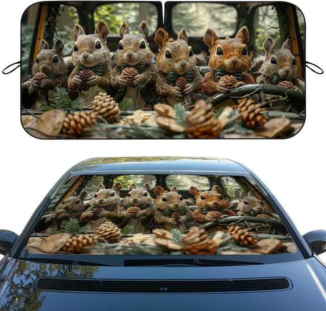 Main image of Funny Squirrel Pine Cones Novelty Car Windshield Sun Shade Blocks UV Rays Sun Visor Protector for Sedan Truck SUV Accessories 59"L x 31.5"W