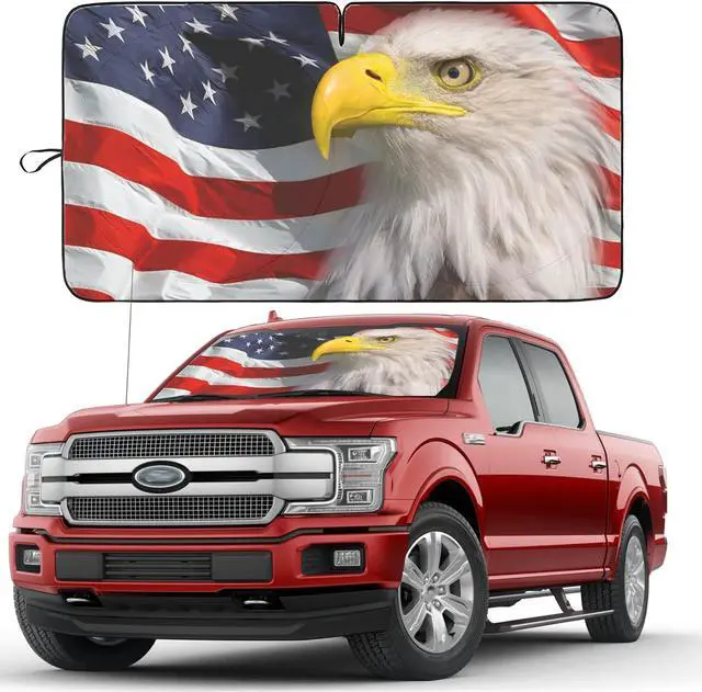 Truck American Flag Windshield Sun Shade Double-Layer 240T Material car Sun Visor with Storage Bag- Folding Car Front Window Sunshade for Automotive Interior Sun Protection Heat Reduction